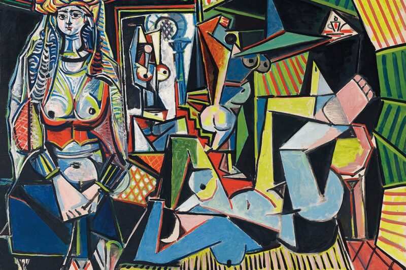 Les Femmes D'Alger, version O by Picasso. Cubist painting in bright colors depicting women in an abstract visual style.