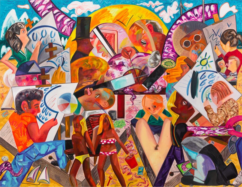 A vibrant, multi-subject painting with strong diagonals.